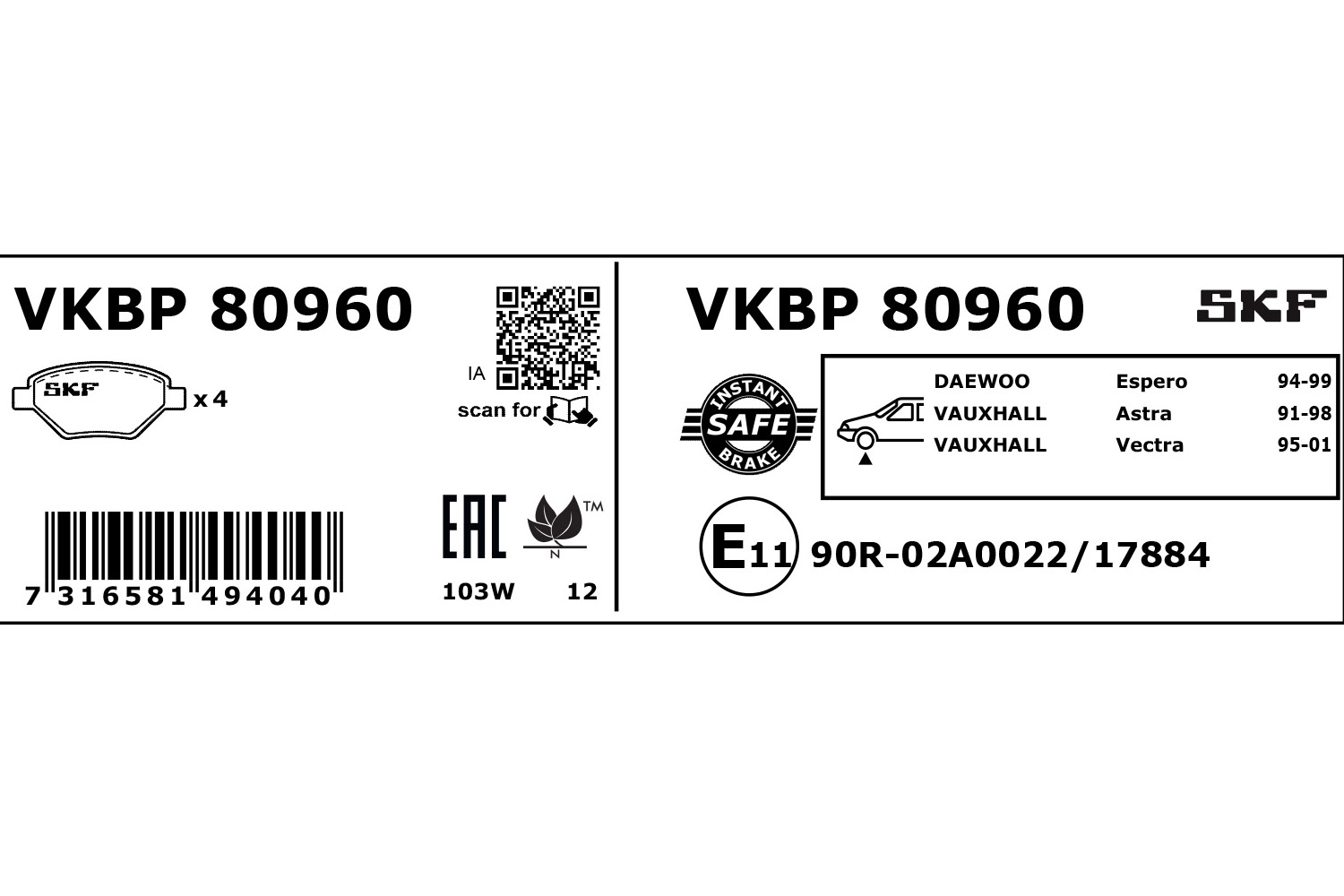 SKF VKBP 80960 Bremsbelagsatz, Scheibenbremse